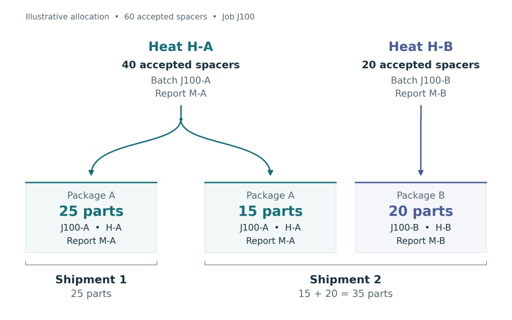 Diagram tracing 60 steel spacers from two material heats into separate packages across two shipments.