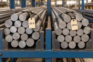 Illustration of separate steel bar bundles with lot-identification tags in a material storage rack.