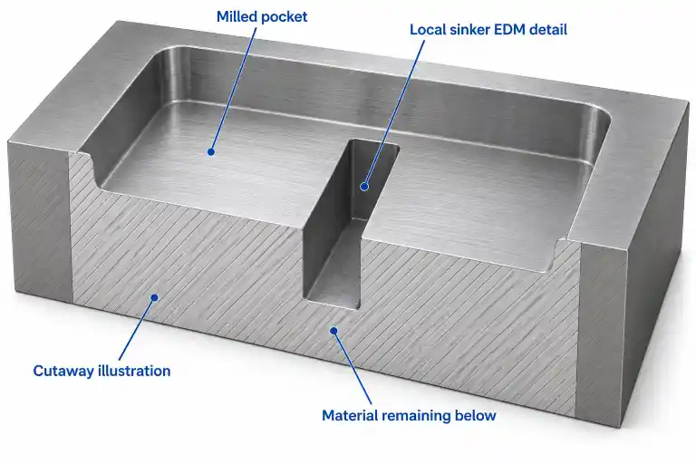Cutaway illustration of a steel insert with a milled pocket, a deeper narrow EDM detail, and material remaining beneath it.