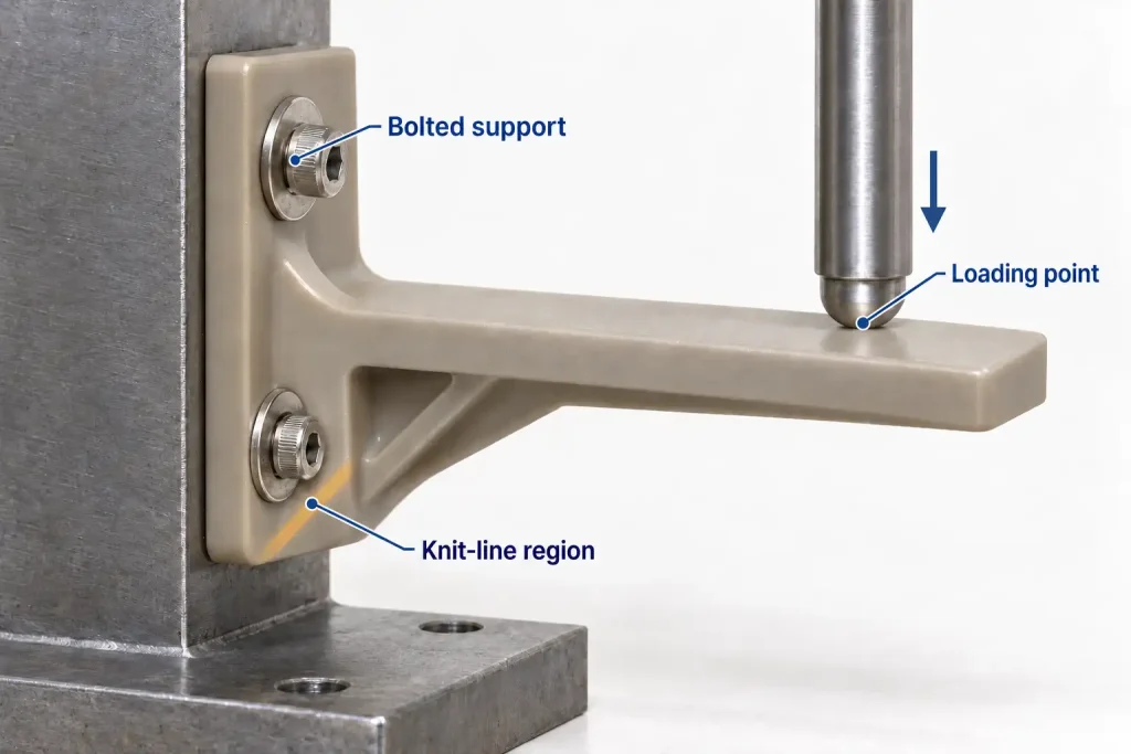 Illustration of a molded bracket mounted for a load test, with its fastener support and loading point identified.