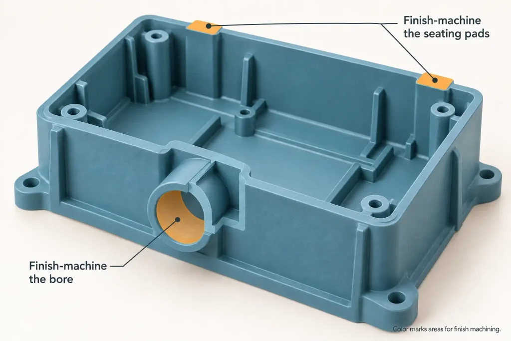 Cutaway illustration of a molded plastic housing with its locating bore and seating pads highlighted for finish machining.