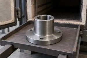 Illustration of a flanged steel hub on a supported tray at an open heat-treatment furnace.