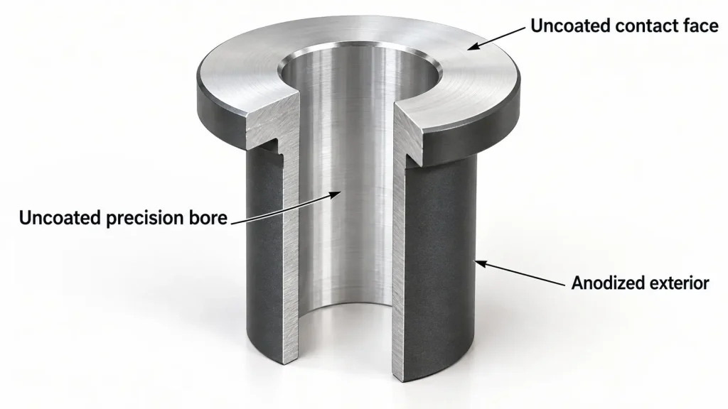 Cutaway illustration of an aluminum sleeve showing an anodized exterior, an uncoated precision bore, and an uncoated flange contact face.