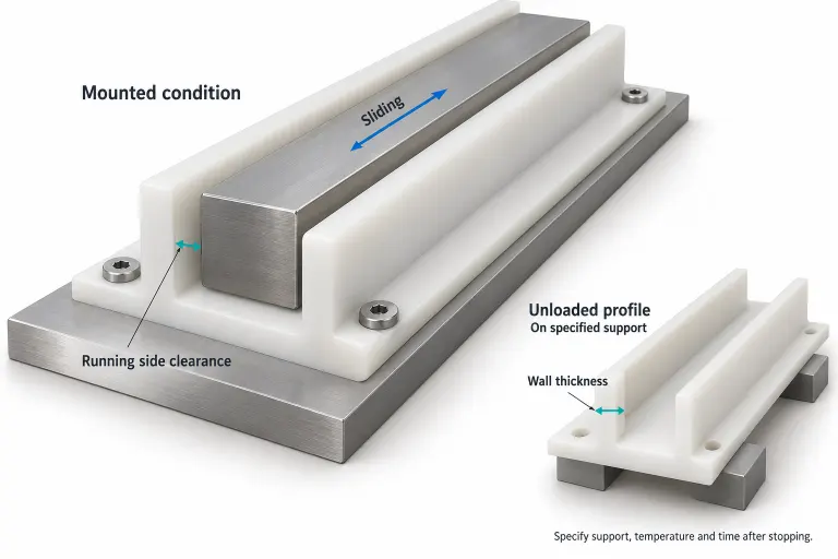 Illustration of a polyethylene guide showing running side clearance with a steel slider and wall thickness in an unloaded view on specified supports.