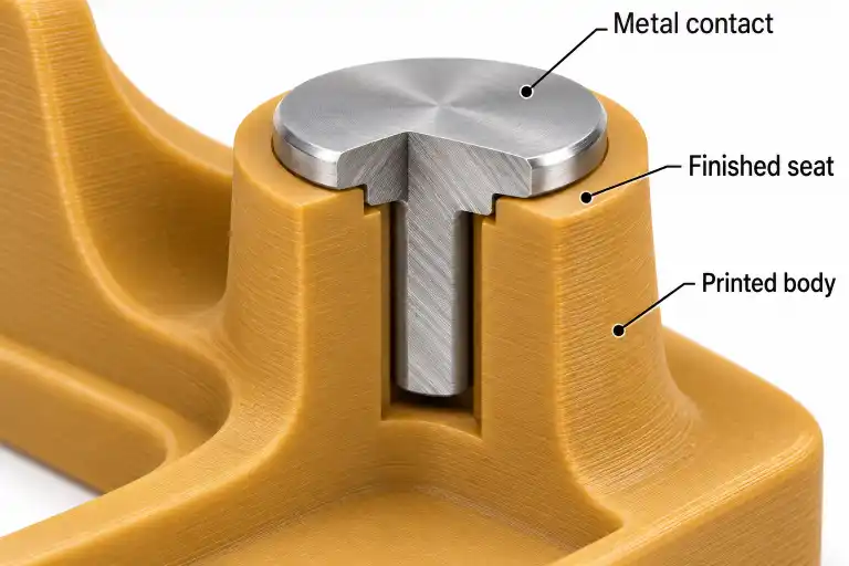 Cutaway illustration of a printed assembly nest with a metal contact fitted into a finished seat.