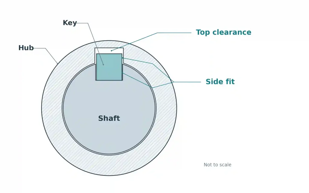 Cross-section of a shaft, parallel key and hub showing the side fit and clearance above the key.