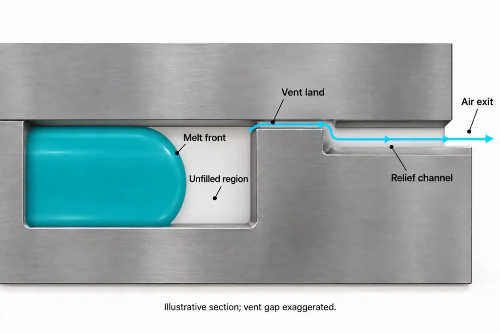 Cutaway illustration of a mold cavity showing the melt front, an unfilled region, and an air-exit path through a vent land and relief channel.