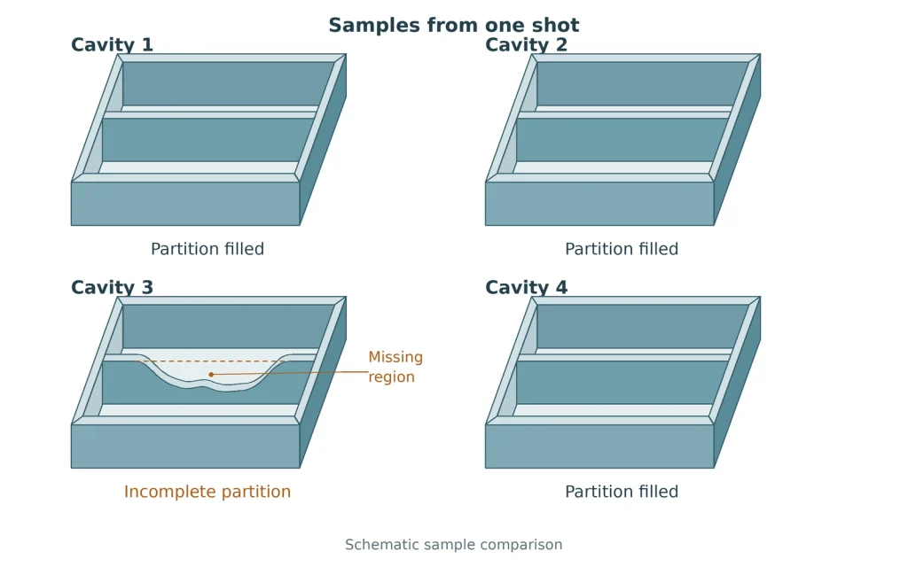 Schematic comparison of four cavity samples from one shot, showing an incomplete partition in cavity 3.