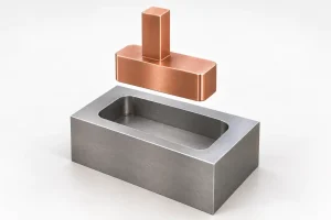 Illustration of a copper EDM electrode positioned above a blind pocket in a steel insert.