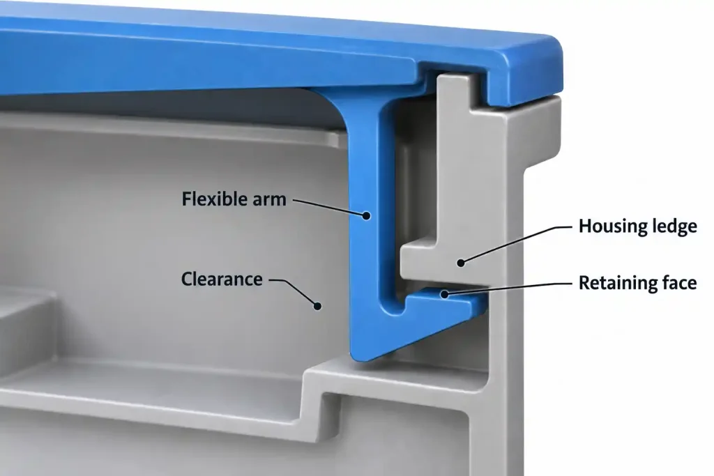 Cutaway illustration of a snap-fit hook engaged beneath a housing ledge, with clearance behind the flexible arm.