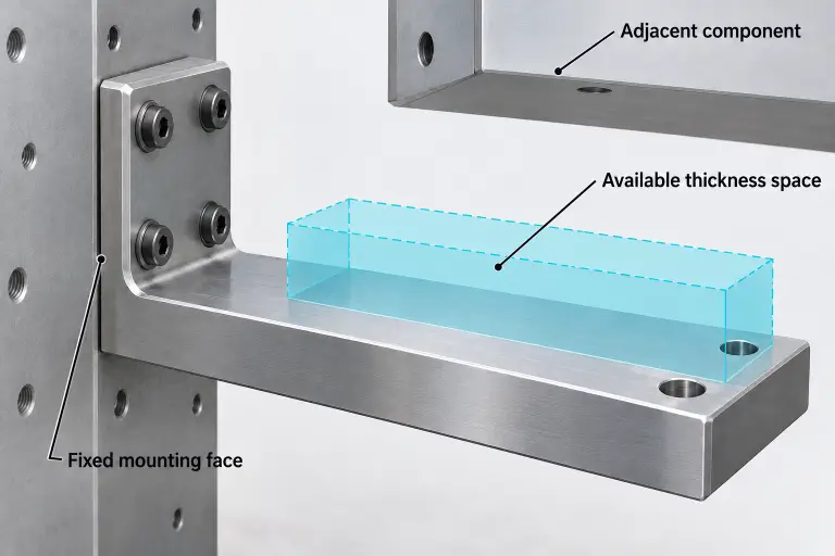 Illustration of a mounted support bracket with a fixed mounting face and translucent space for increasing arm thickness below an adjacent component.