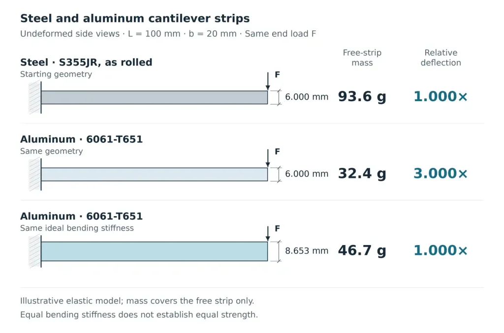 Diagram comparing steel and aluminum cantilever strips, showing their thicknesses, masses, and relative elastic deflections under the same end load.