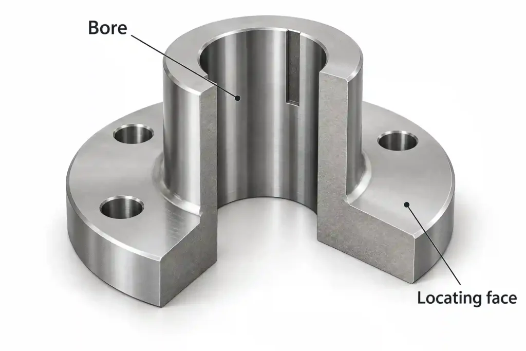 Cutaway illustration of a flanged steel hub identifying its bore and flange locating face.