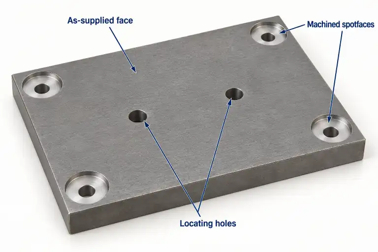 Illustration of a steel mounting plate with four machined spotfaces, two locating holes, and a broad as-supplied face.