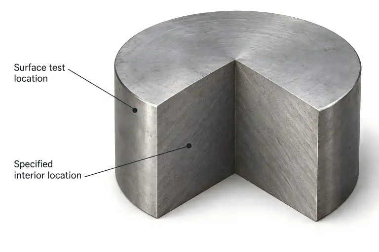 Cutaway illustration of a solid steel section identifying an outer surface test location and a separate interior location.