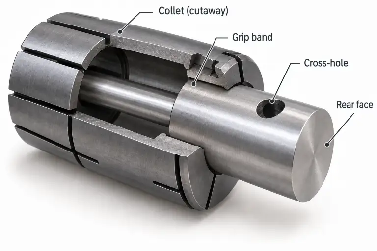 Cutaway illustration of a collet gripping a stepped pin at its collar, with the cross-hole and rear face exposed.