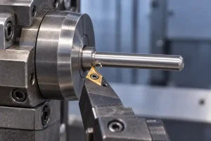 Illustration of a turning tool cutting bar stock close to a Swiss-type lathe guide bushing.