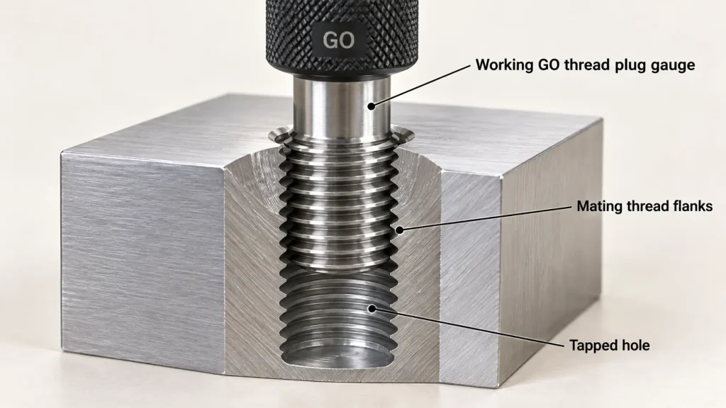 Cutaway illustration of a working GO thread plug gauge engaged in a tapped hole, with mating thread flanks labeled.