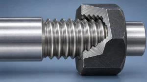 Illustration of a threaded metal shaft engaged with a cutaway hex nut.