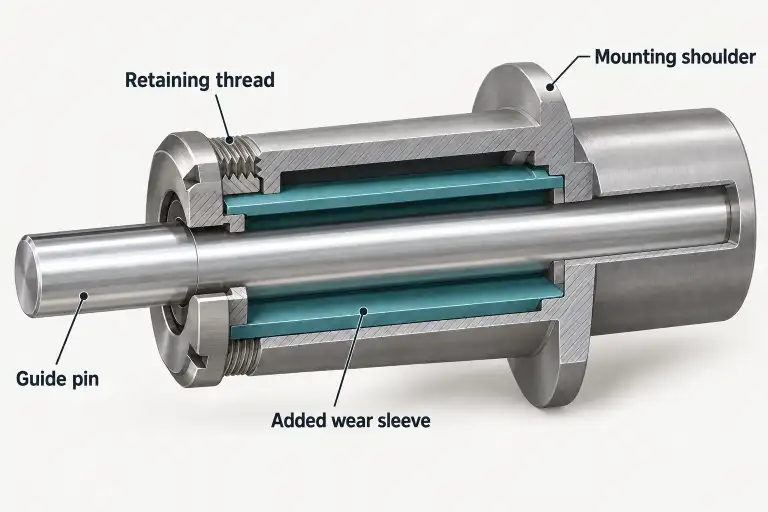Cutaway illustration of a proposed guide cartridge with an added wear sleeve, guide pin, retaining thread, and mounting shoulder.