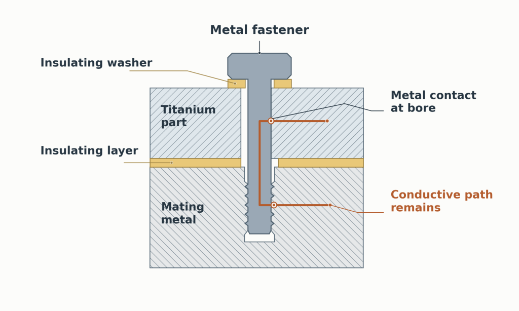 Section diagram showing a metal fastener bridging two parts despite insulation under its head and between the mating faces.